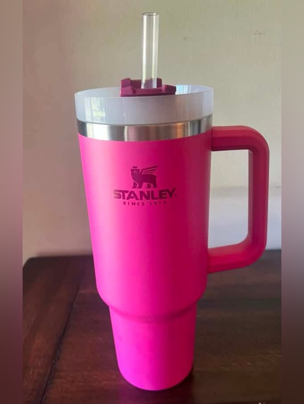 Stanley Hot Pink Insulated Travel Mug with Straw and Handle